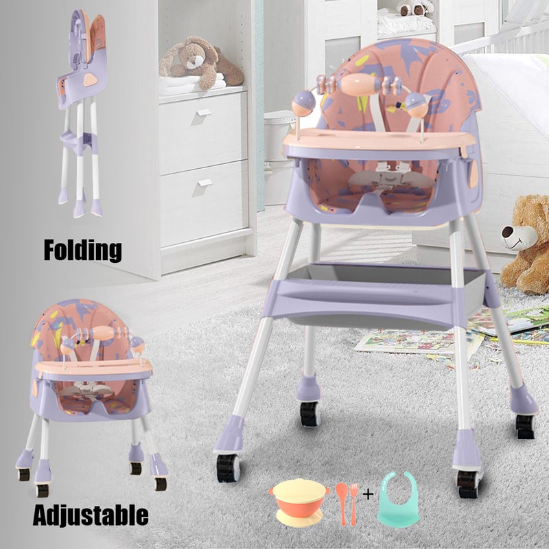 Foldable Baby High Chair with Heights and Toyrack, Easy to Clean Reclining Feeding Table Chair