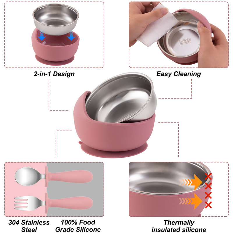 Stainless Steel Silicone Baby Feeding Set BPA Free Detachable Sucker Bowls, With Fork Spoon Easy Clean Children