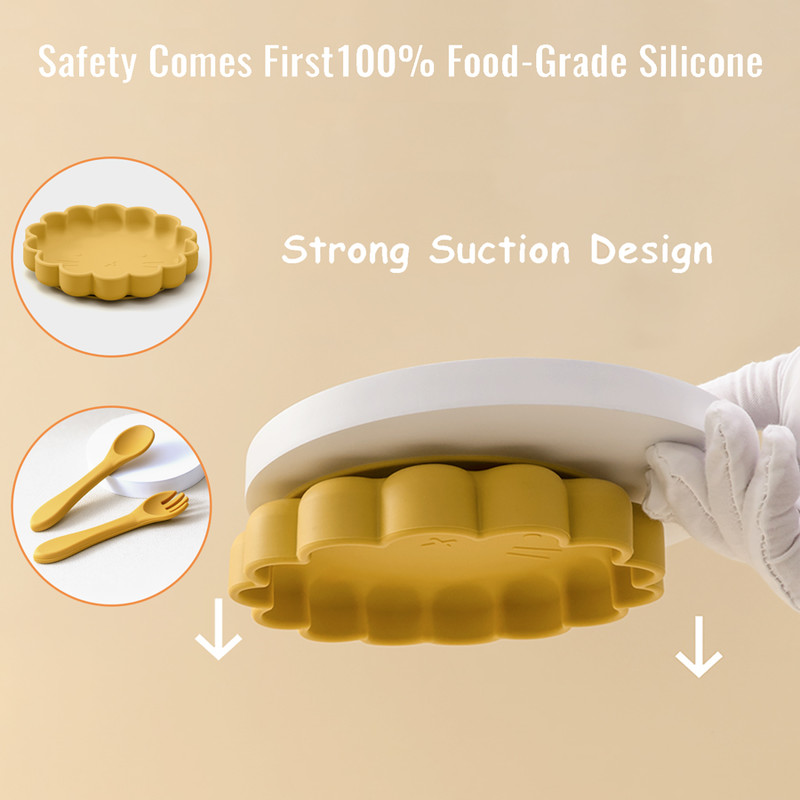 Cute Lion Shape Suction Plate Baby Silicone Tableware Set Solid Color Spoon Fork Feeding Training Baby Dinner Set
