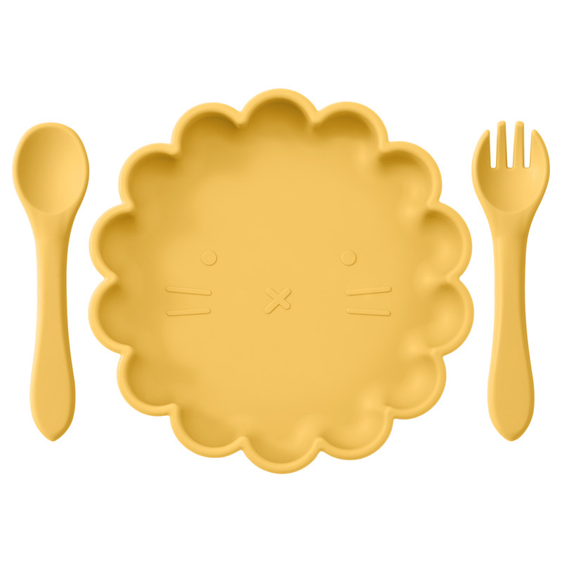 Cute Lion Shape Suction Plate Baby Silicone Tableware Set Solid Color Spoon Fork Feeding Training Baby Dinner Set