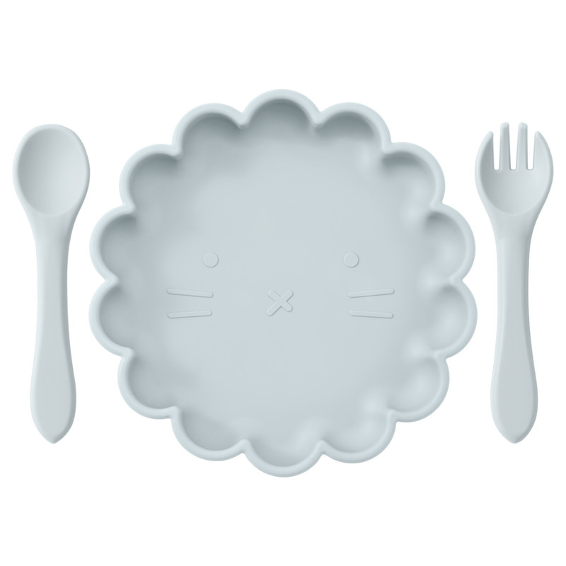 Cute Lion Shape Suction Plate Baby Silicone Tableware Set Solid Color Spoon Fork Feeding Training Baby Dinner Set