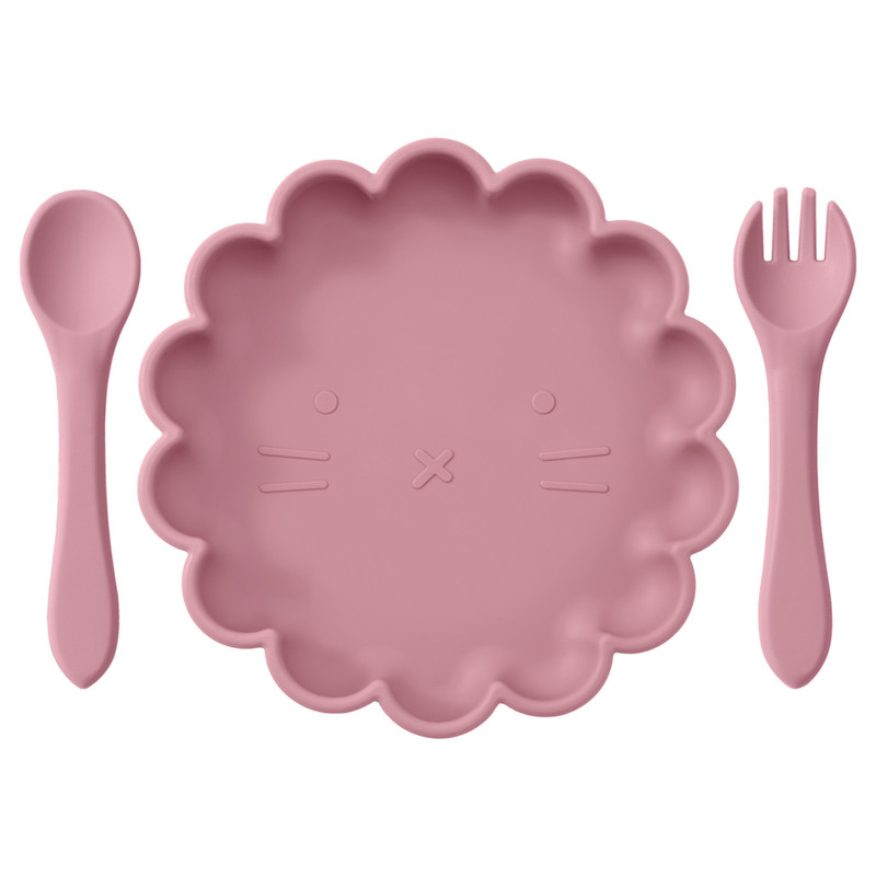 Cute Lion Shape Suction Plate Baby Silicone Tableware Set Solid Color Spoon Fork Feeding Training Baby Dinner Set