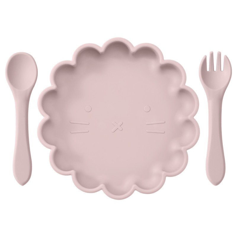 Cute Lion Shape Suction Plate Baby Silicone Tableware Set Solid Color Spoon Fork Feeding Training Baby Dinner Set