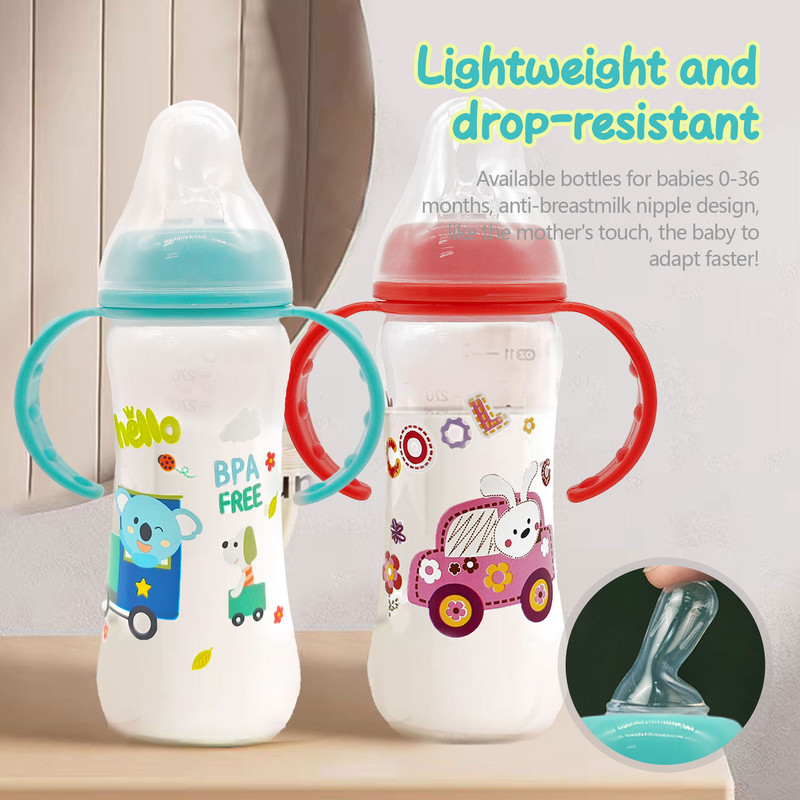 DropResistant Baby Bottle With Silicone Nipple And Cartoon Handle Standard Caliber PP Bottle 2