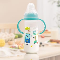 drop-resistant baby bottle with silicone nipple and cartoon handle, standard caliber pp bottle