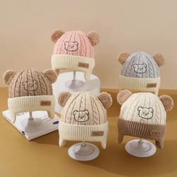 soft earflap cap for boys & girls, baby bear knit hat with ears, knitted design with bear ears & soft fleece