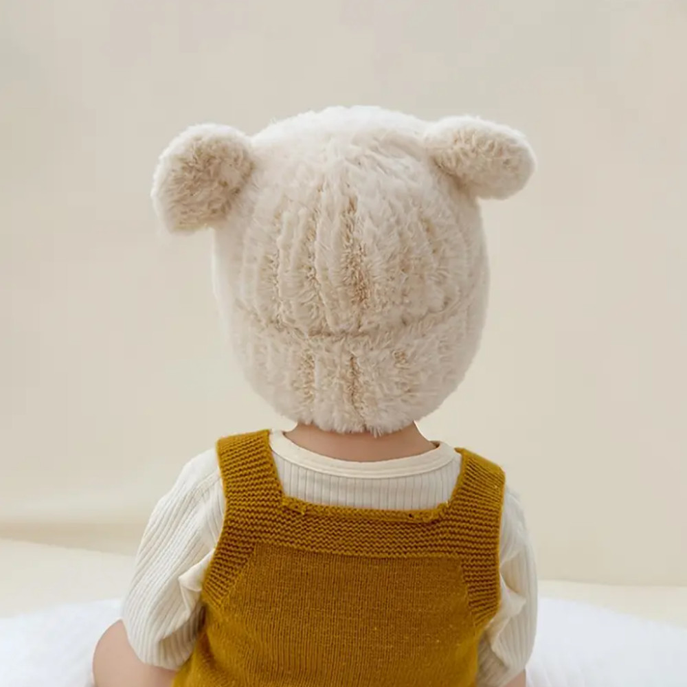 Cozy Winter Baby Hat with Bear Ears, Heart Cutouts, Soft Plush Lining for Kids