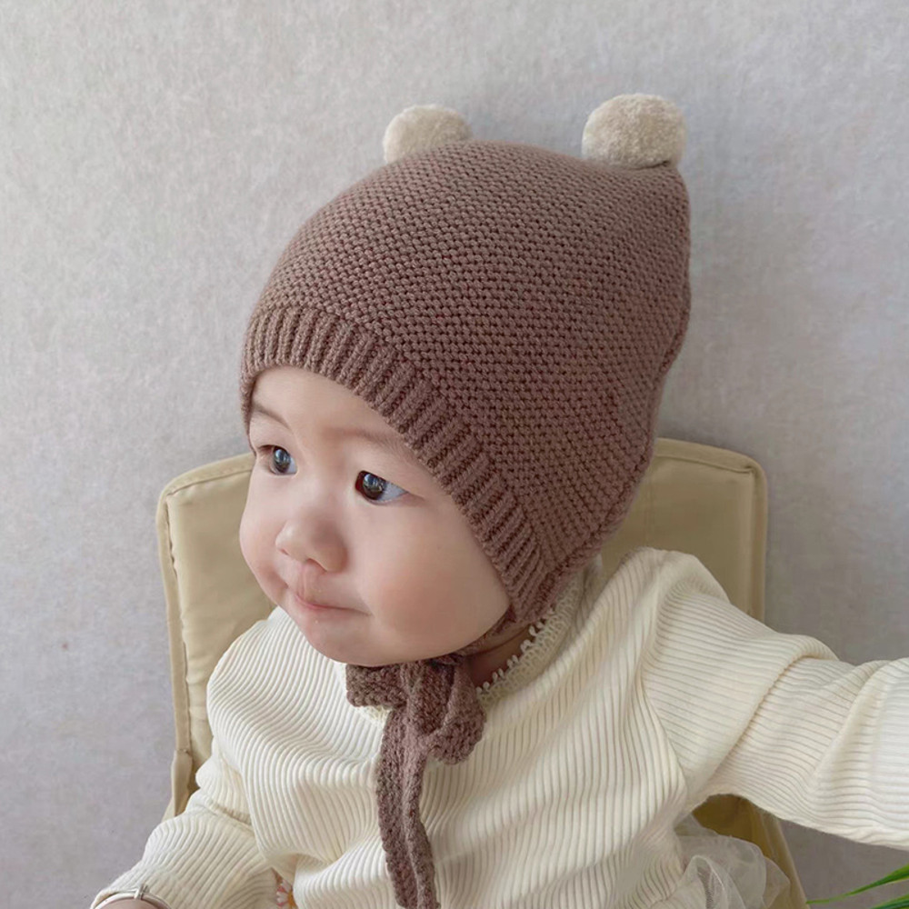 Winter Warm Toddler Knitted Hat, Korean Baby Ear Protection Hat, Woolen Crochet Bonnet, Double Ball Kids Beanie