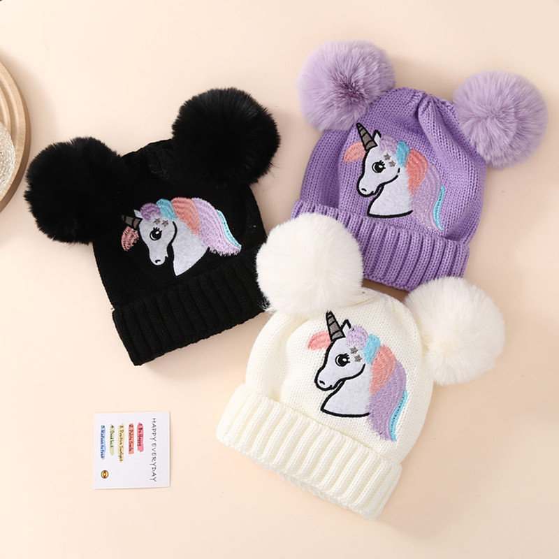Toddler Baby Knit Hat Winter Pom Unicorn Pattern Beanie Embroidered Warm Cap For Boys Girls Soft Co 0