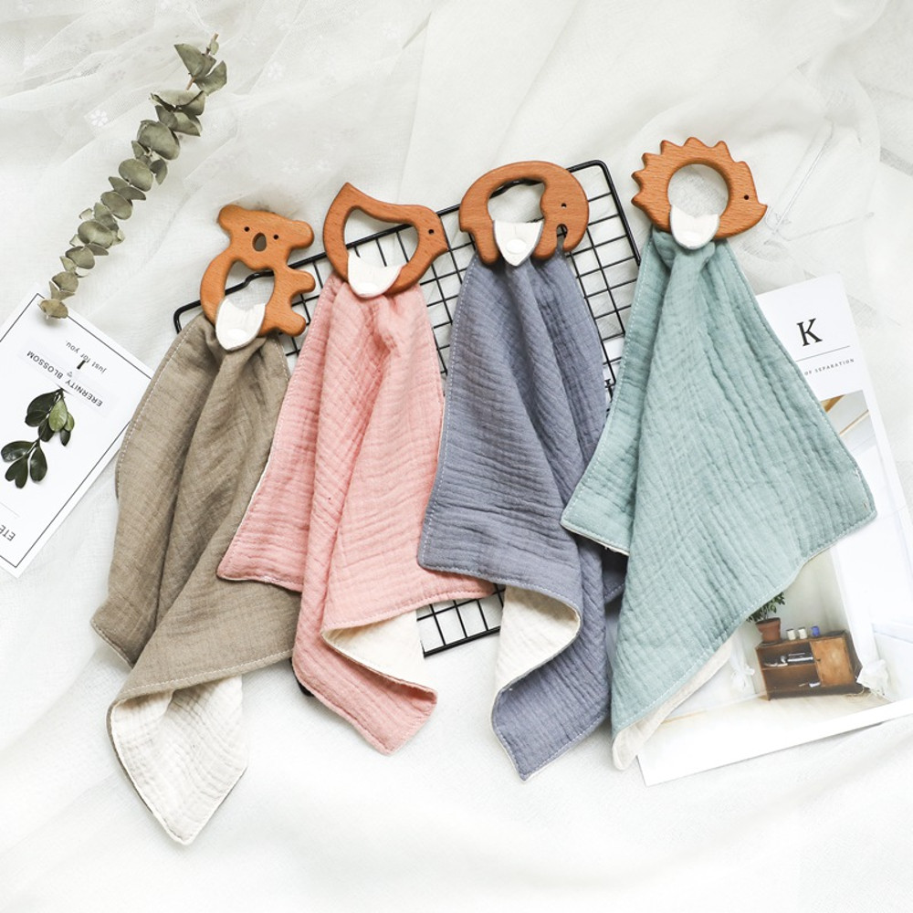 Cartoon Shape Beech Wood Animals Teether Baby Saliva Towel Baby Bibs Cotton New Baby Product Muslin 4