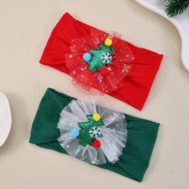 Gauze Snowflake Christmas Tree Hairbands For Kids Baby Girls Nylon Christmas Headbands Girls Green 2