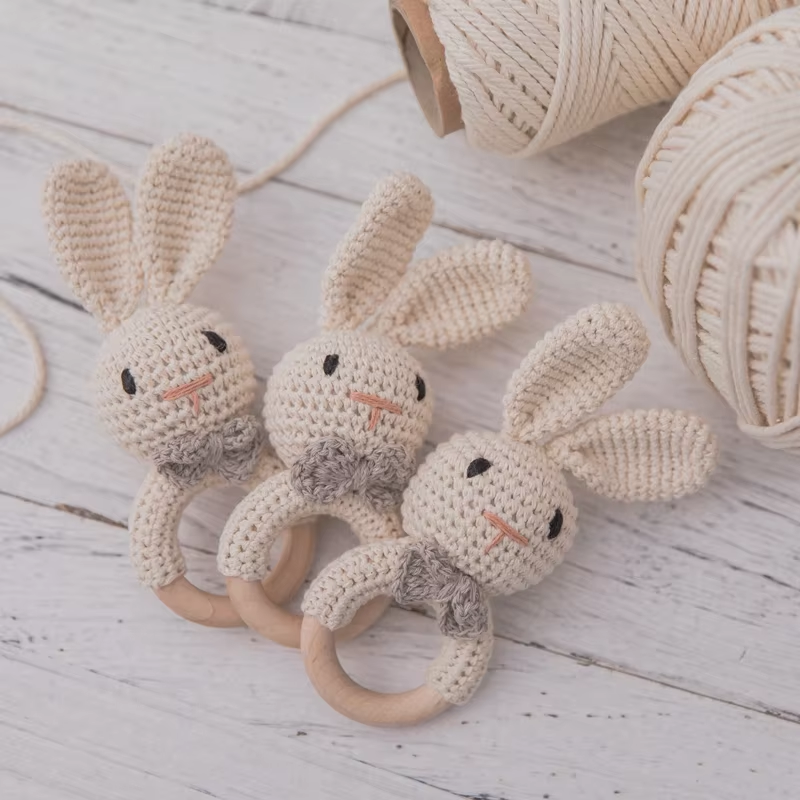 Wooden Teether Toy Baby Crochet Rattle BPA Free Wood Rodent Rabbit Rattle Baby Mobile Play Gym 3