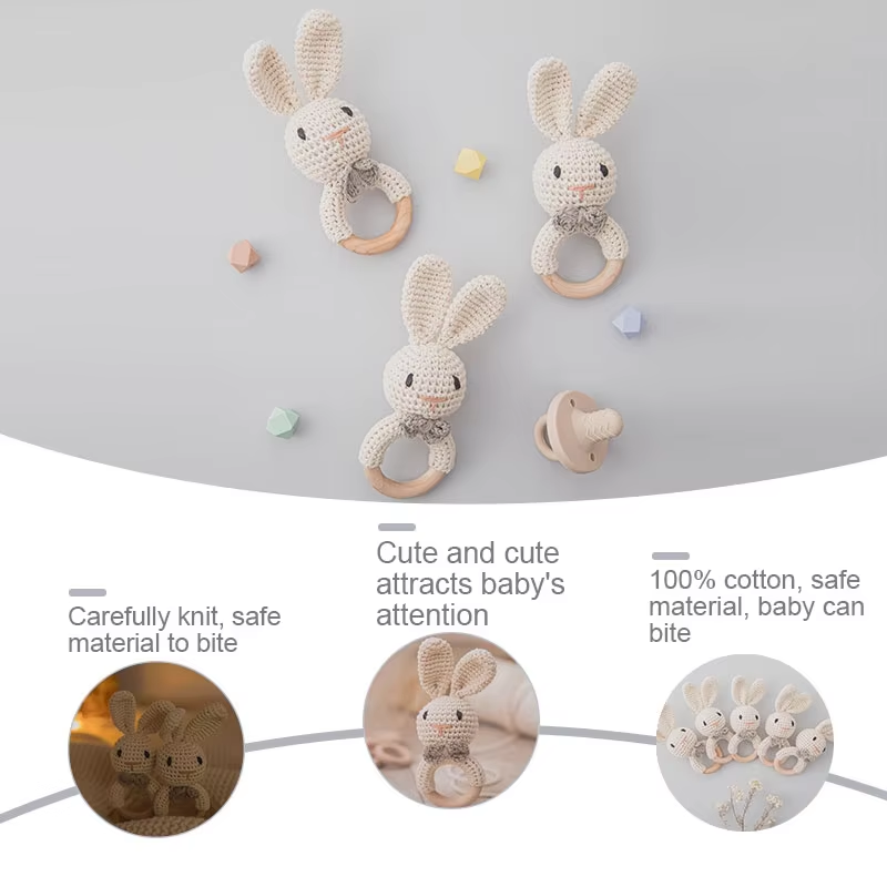 Wooden Teether Toy Baby Crochet Rattle BPA Free Wood Rodent Rabbit Rattle Baby Mobile Play Gym 4