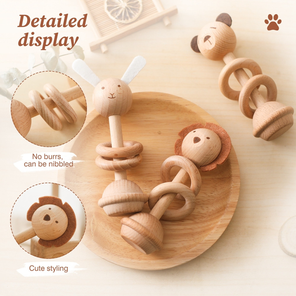 Newborn Rattle Teething Toys Baby Wooden Montessori Toys Cartoon Animal Rabbit Crocodile Blocks Woo 3