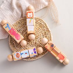 montessori wooden rotating puzzle, baby rattle, soothing animal blocks, matching toy for newborn babies