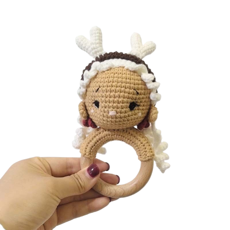 Long Ear Bunny Baby Rattler Safety Wooden Teether Mobile Crib Bell Teething Toy 18