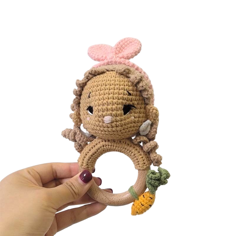 Long Ear Bunny Baby Rattler Safety Wooden Teether Mobile Crib Bell Teething Toy 25