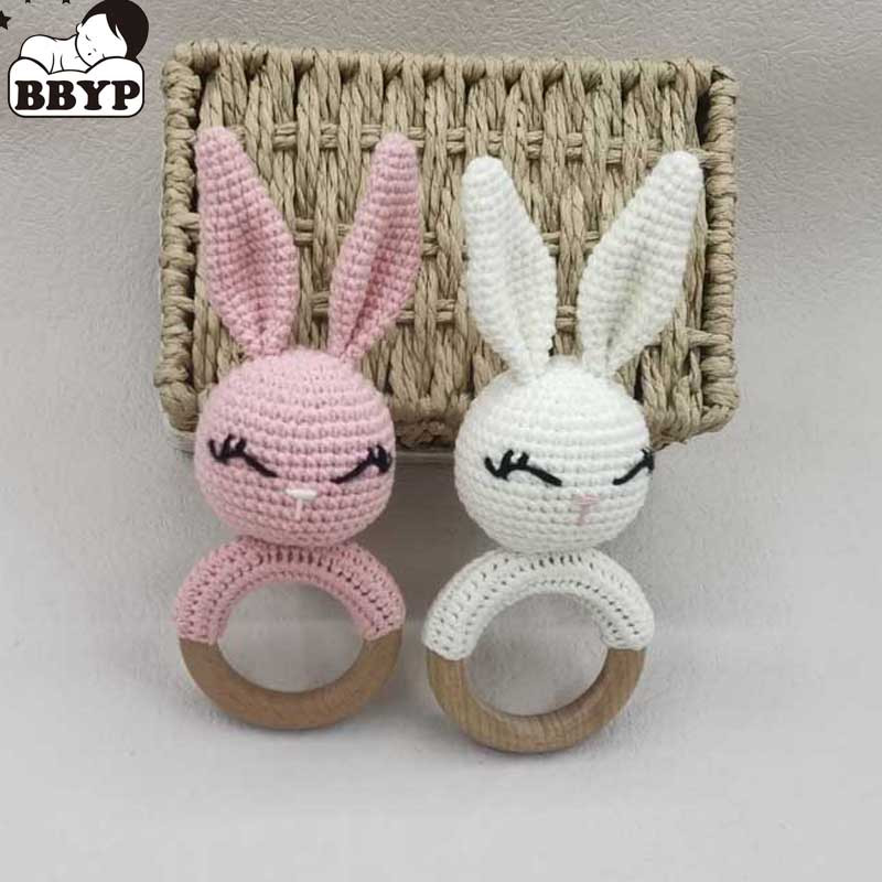 Baby Teether Music Rattles For Kids Animal Crochet Rattle Rabbit Bear Ring Wooden Babies Gym Montes 2