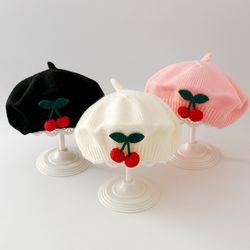 winter warm woolen crochet bonnet, cute cherry baby knit beret, toddler artist painter cap, kids beanies