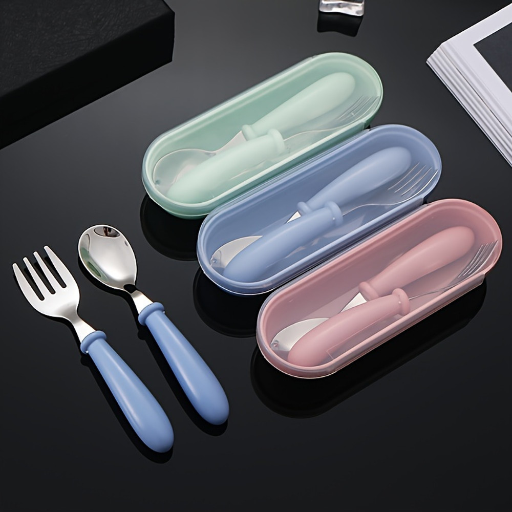 Useful Tableware Feeding Cutlery Childrens Portable Stainless Steel Spoon Fork With Box Baby Shower 2