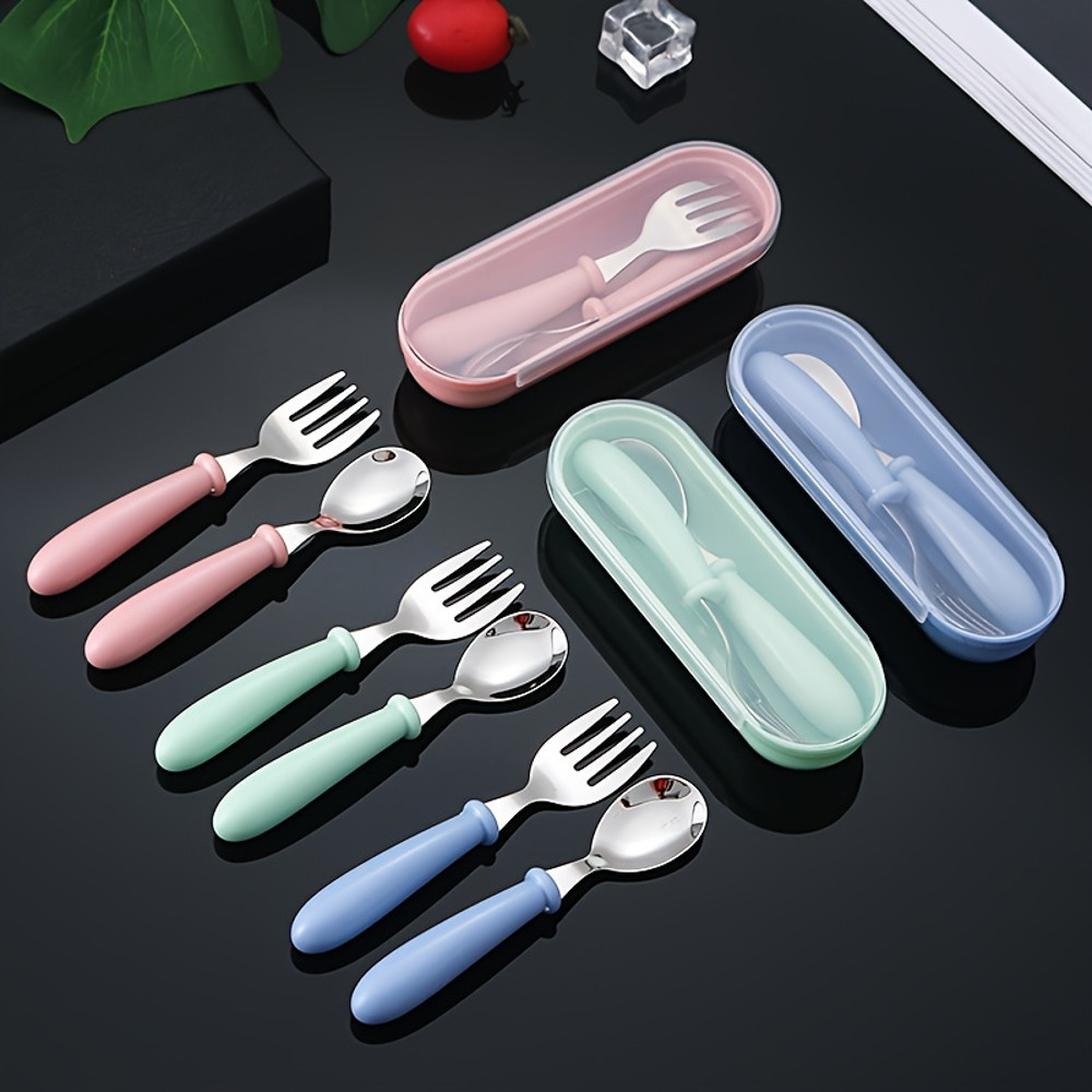 Useful Tableware Feeding Cutlery Childrens Portable Stainless Steel Spoon Fork With Box Baby Shower 4