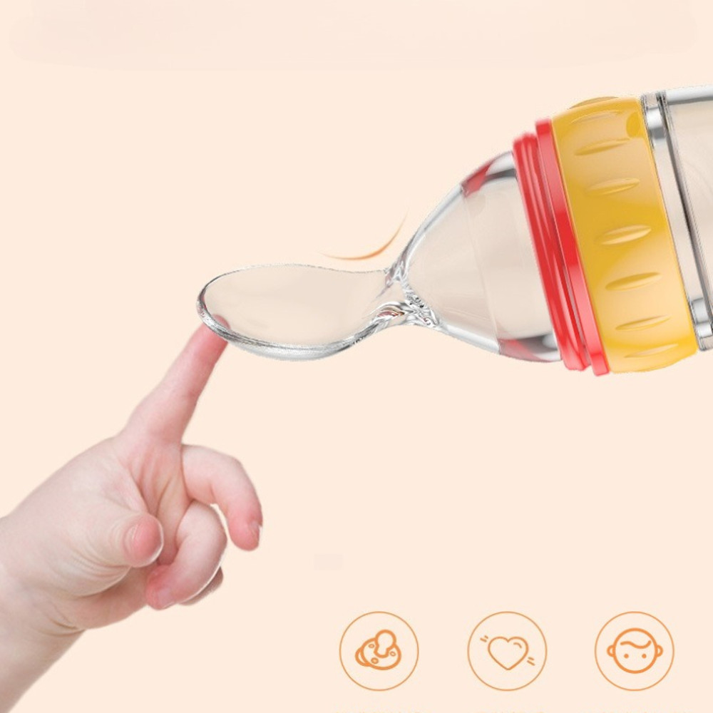 Safe Useful Silicone Baby Bottle, Squeeze Spoon Milk Feeding Bottle Cup, Rice Cereal Bottles with Spoon Food Supplement