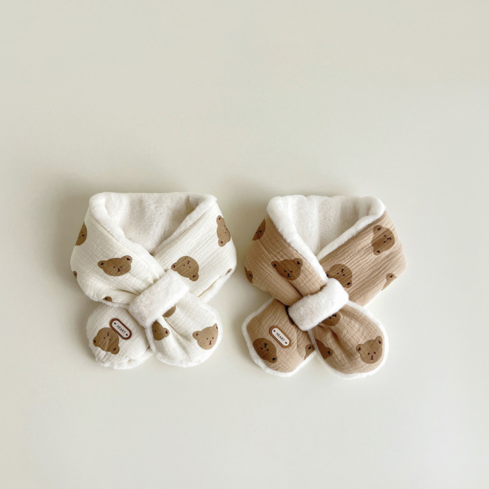 Cross Scarves For Kids Boys Girls, Winter Plush Bear Print Baby Scarf, Warm Neckerchief Soft Comfortable Fit
