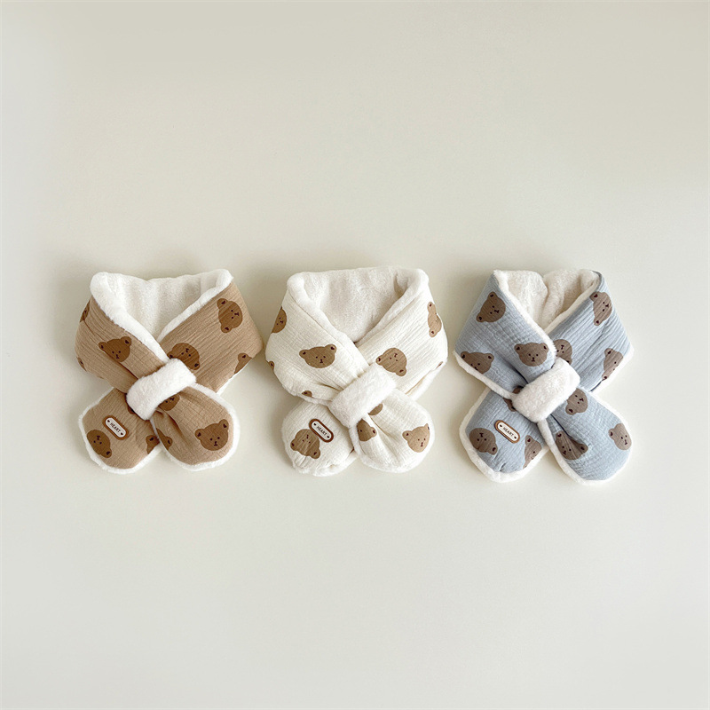 Cross Scarves For Kids Boys Girls, Winter Plush Bear Print Baby Scarf, Warm Neckerchief Soft Comfortable Fit