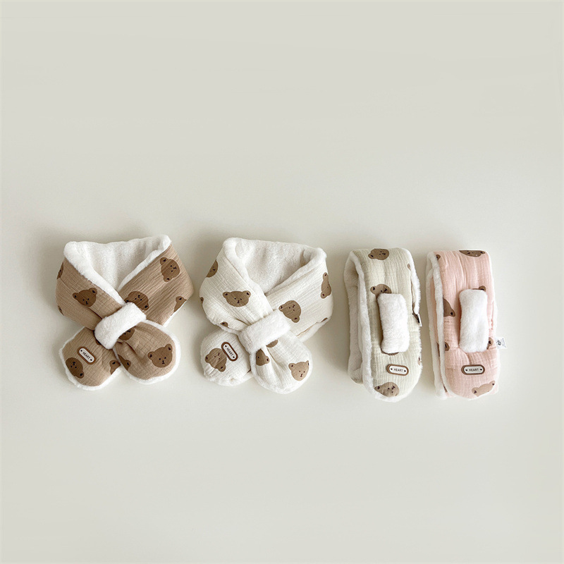 Cross Scarves For Kids Boys Girls, Winter Plush Bear Print Baby Scarf, Warm Neckerchief Soft Comfortable Fit