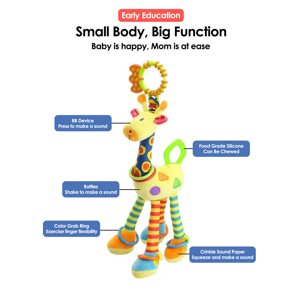 Infant Baby Development Handle Toys Soft Giraffe Handbells Rattles Plush With Teether Baby Toy For 3