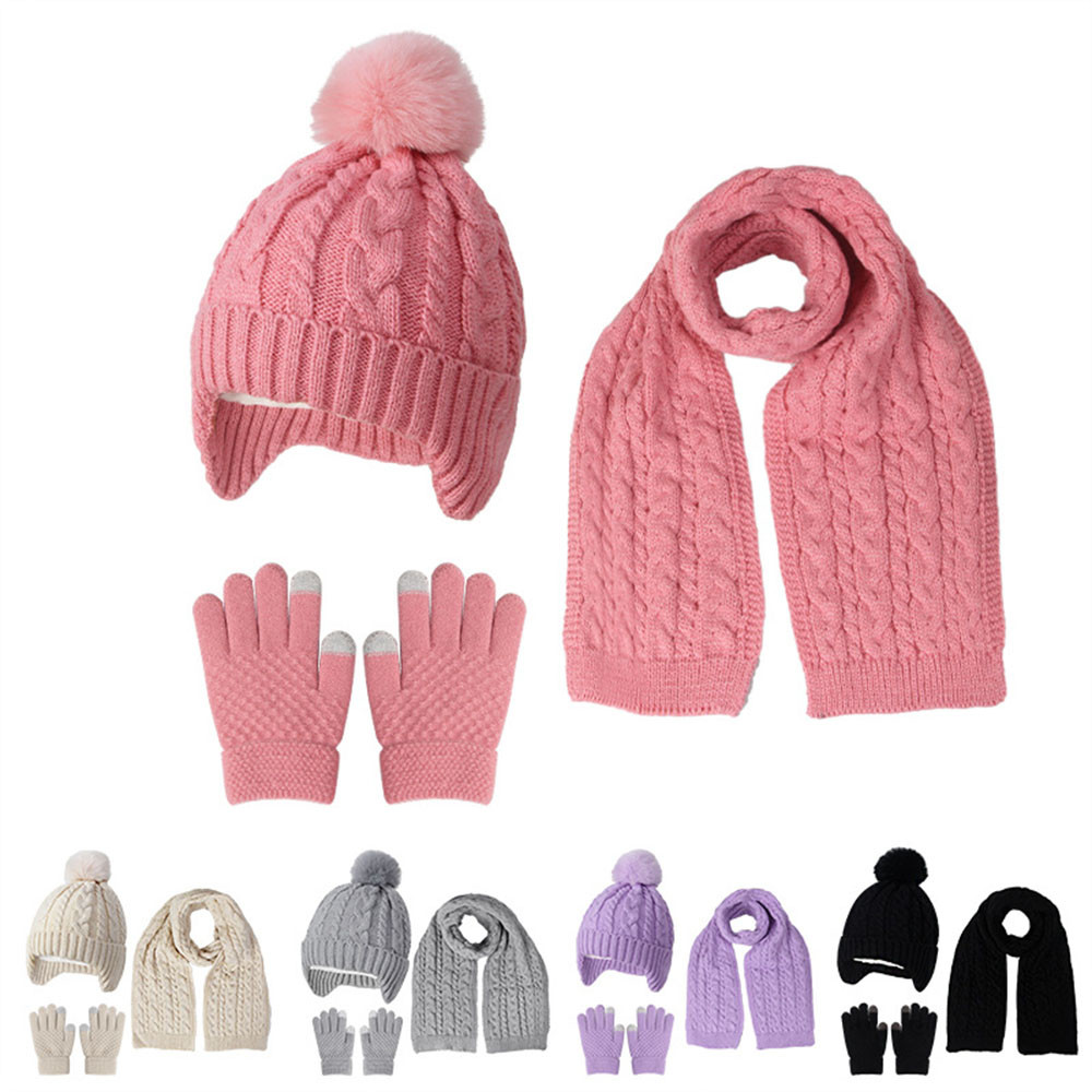 Knitted Thickened Warm Single Set Girl And Boy Hat Scarf And Glove Set Stretch Fit Lightweight Wint 2