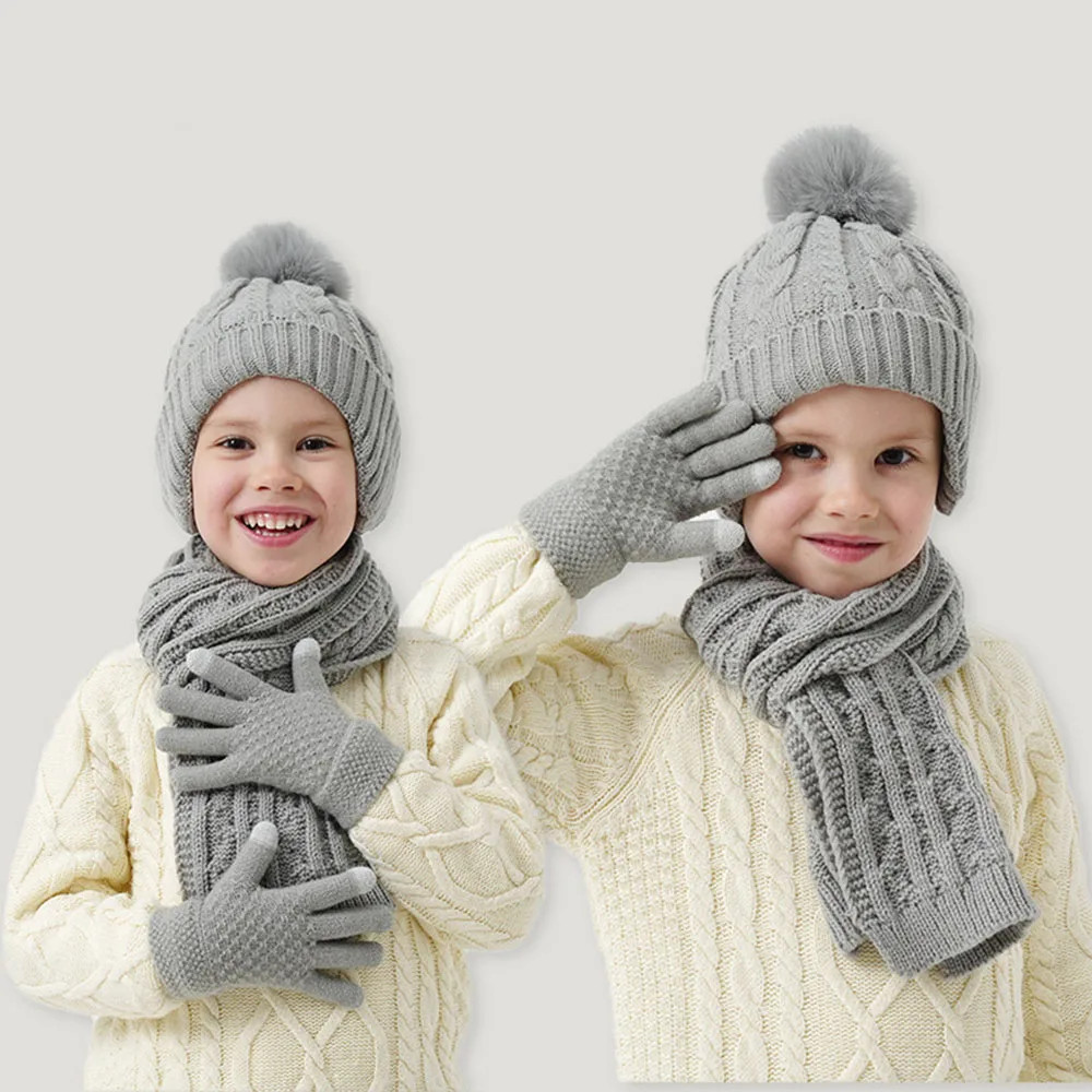Knitted Thickened Warm Single Set Girl And Boy Hat Scarf And Glove Set Stretch Fit Lightweight Wint 0