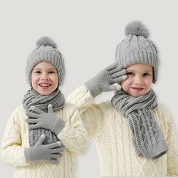 knitted thickened warm single set, girl and boy hat scarf and glove set, stretch fit lightweight winter