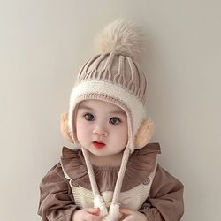 warm ear protection hat velvet lining kids, children woolen knit hats, cute animal baby earmuffs cap winter