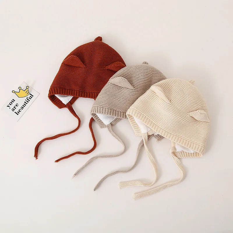 Cute Cat Ears Kids Hat Windproof Lacing Bonnet For Infant Protection 0