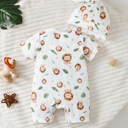 baby boy casual hoodie with cartoon lion pattern, shorts and hat