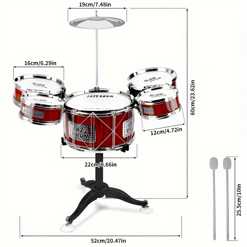 Jazz Drum Set With Stool Kids Drum Kit For Toddlers Musical Toy Drums Cymbal Sticks 6