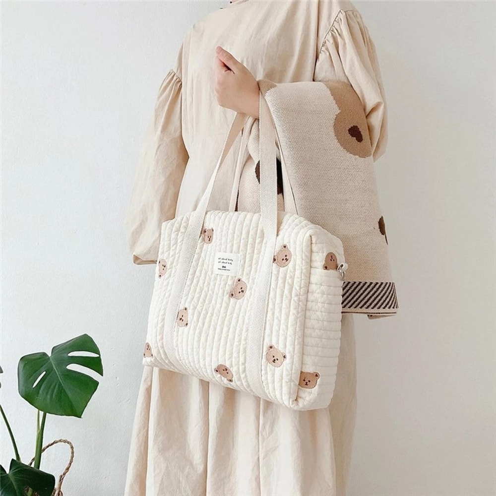 Korea Style Mummy Shoulder Bag Quilted Embroidery Diaper Bag Large Stroller Organizer For Newborn B 3