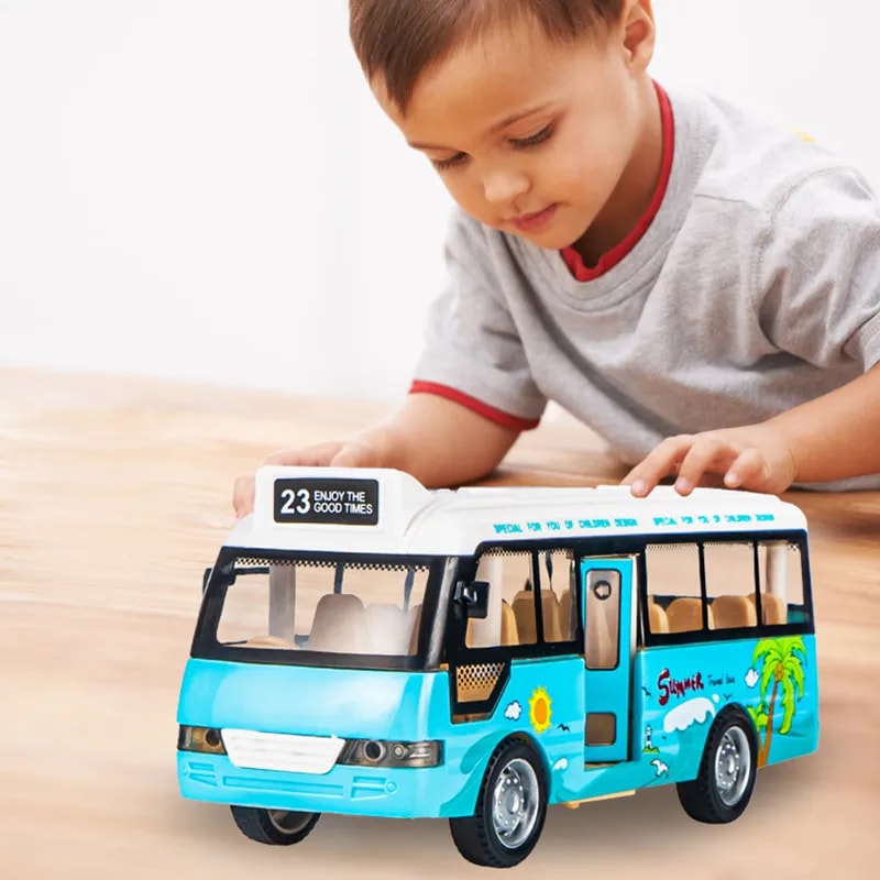 Pull Back City Bus Toy For Toddlers Boys And Girls Light Up Sound Feature Openable Doors Fun Play 1