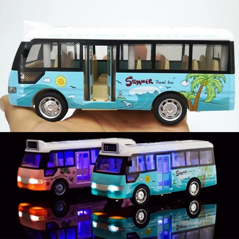 Pull Back City Bus Toy For Toddlers Boys And Girls Light Up Sound Feature Openable Doors Fun Play 2