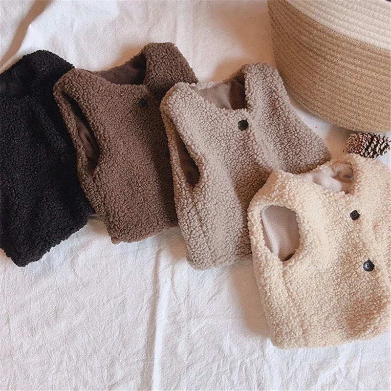 Girls Boys Plush Vest Autumn Winter Baby Lamb Wool Plus Velvet Waistcoat V Neck Child Warm Coat 1