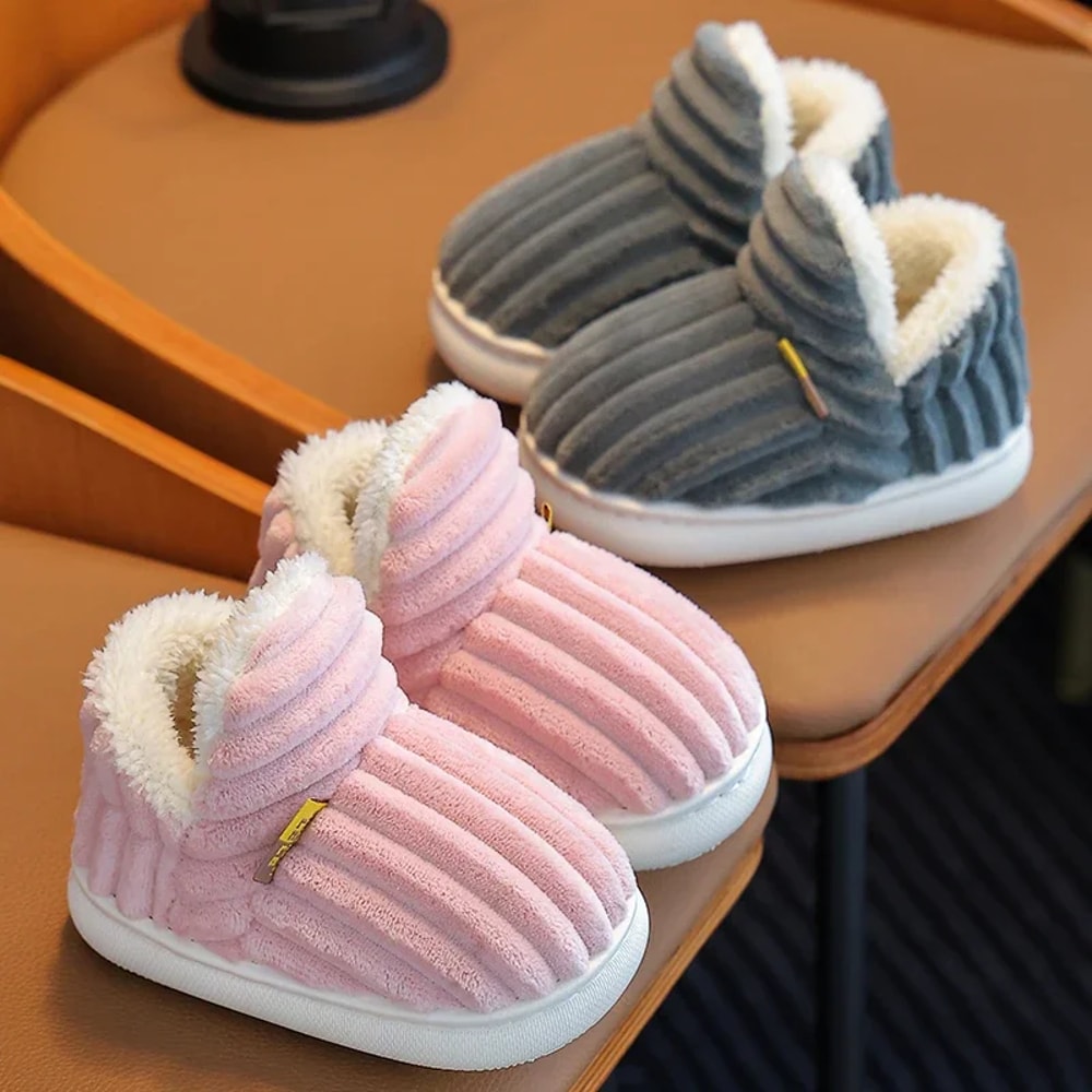 Childrens Winter Stripe Plush Slippers Nonslip Soft Sole Heel Wrap High Cotton Shoes Kids Boys Girl 1