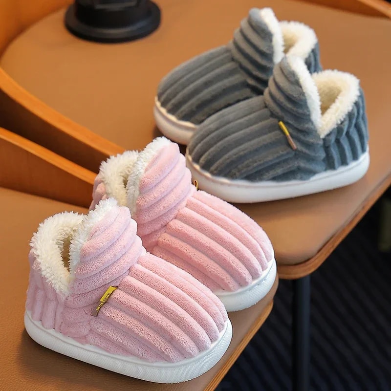 Childrens Winter Stripe Plush Slippers Nonslip Soft Sole Heel Wrap High Cotton Shoes Kids Boys Girl 1