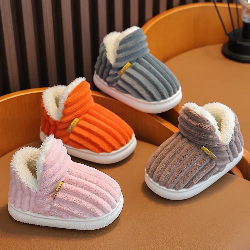 Childrens Winter Stripe Plush Slippers Nonslip Soft Sole Heel Wrap High Cotton Shoes Kids Boys Girl 0
