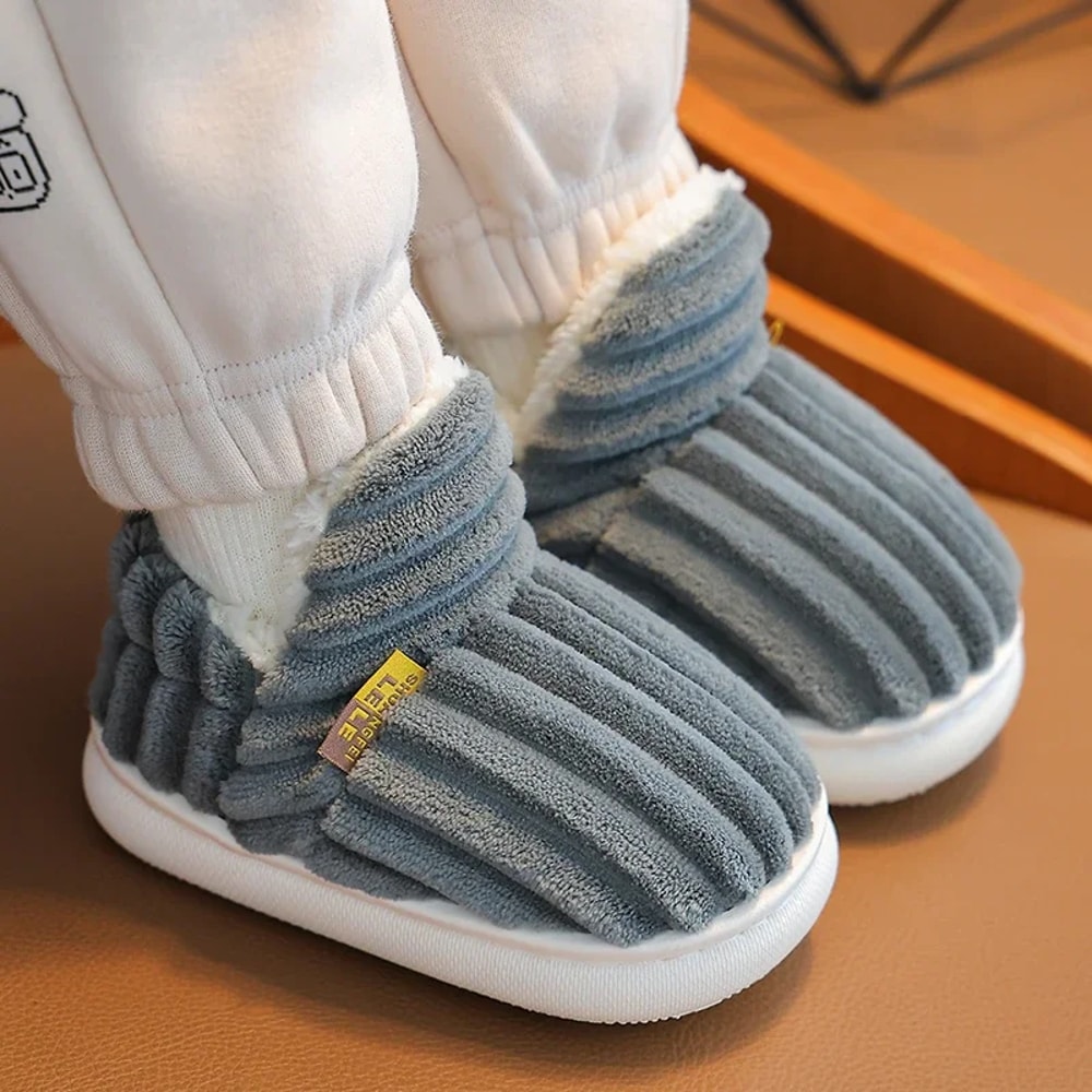 Childrens Winter Stripe Plush Slippers Nonslip Soft Sole Heel Wrap High Cotton Shoes Kids Boys Girl 4