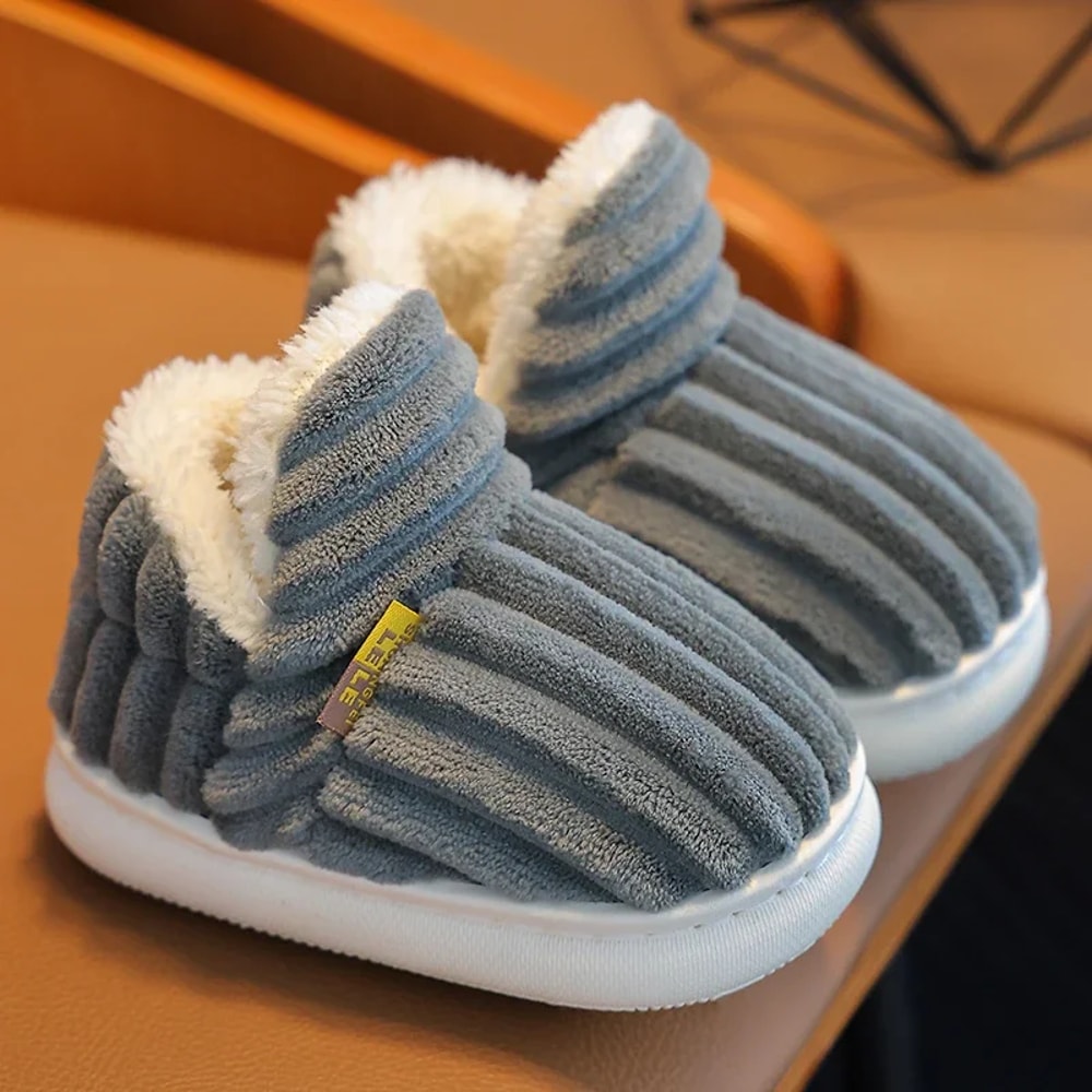 Childrens Winter Stripe Plush Slippers Nonslip Soft Sole Heel Wrap High Cotton Shoes Kids Boys Girl 8