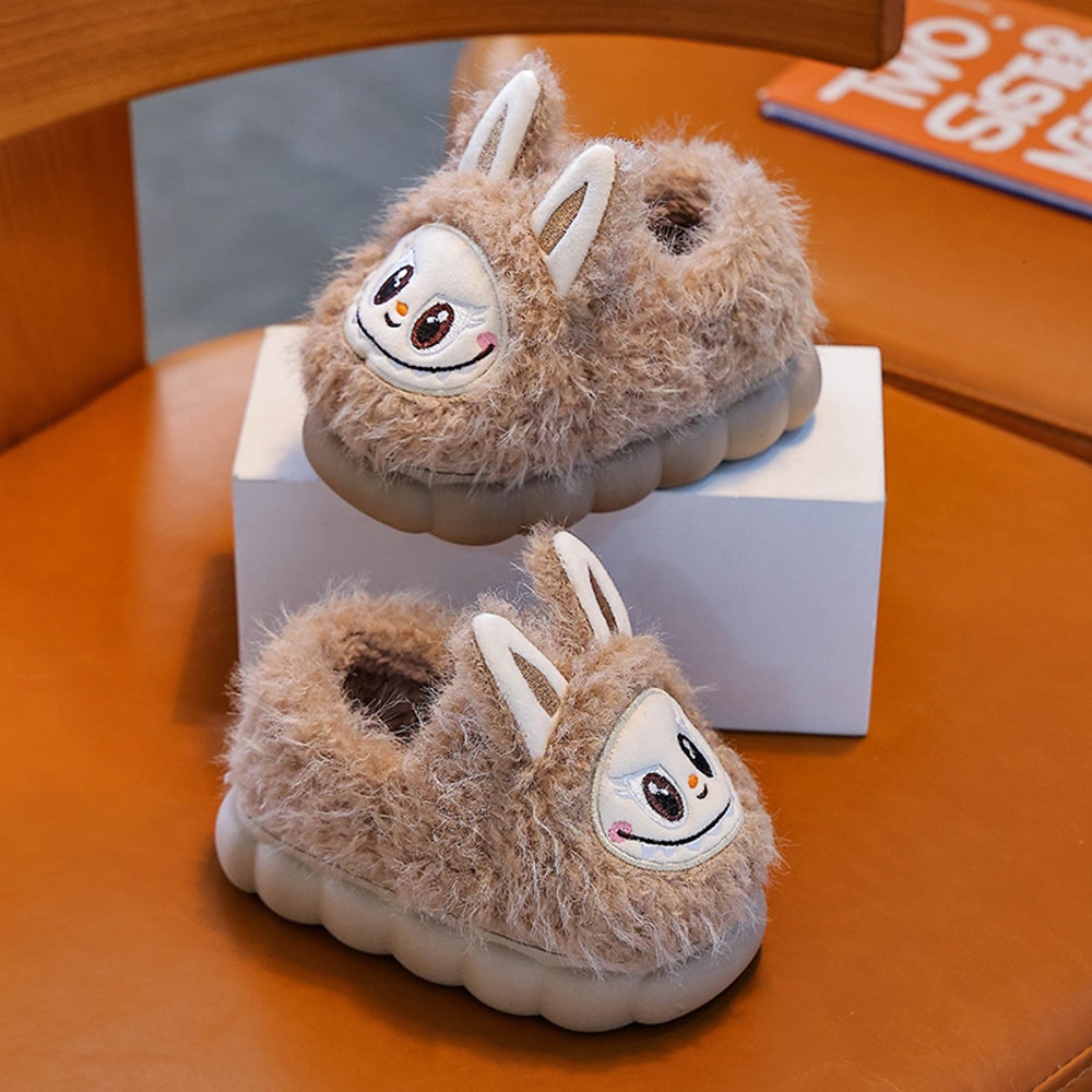 Cute Winter Children's Slippers, Plush Faux Fur Anti Slip Shoes for Boys and Girls, Warm Home Slippers