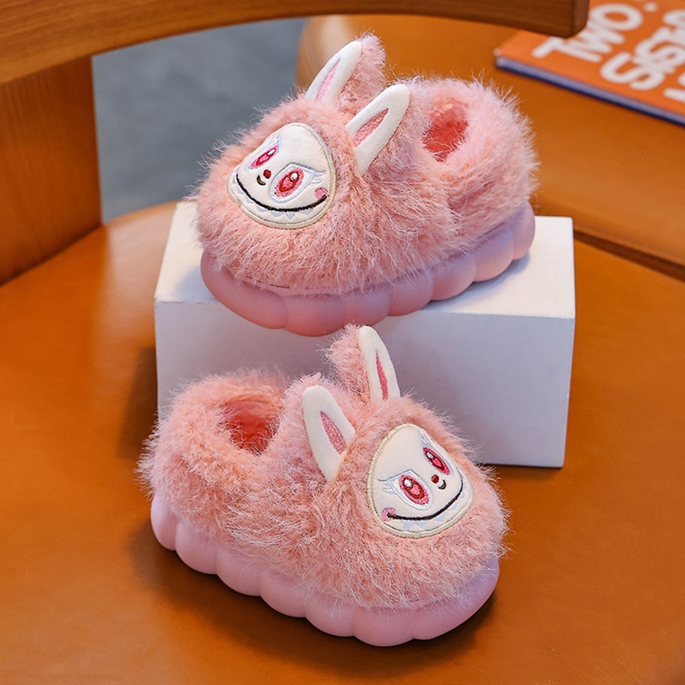 Cute Winter Children's Slippers, Plush Faux Fur Anti Slip Shoes for Boys and Girls, Warm Home Slippers