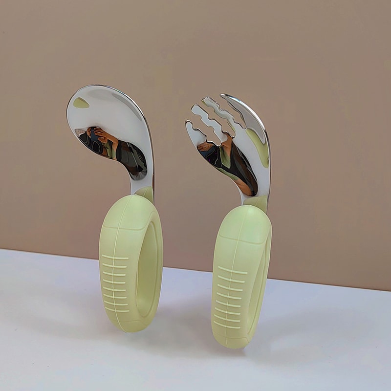 Easy Grip Training Elbow Fork Spoon Short Handle Silicone Baby Utensils 5