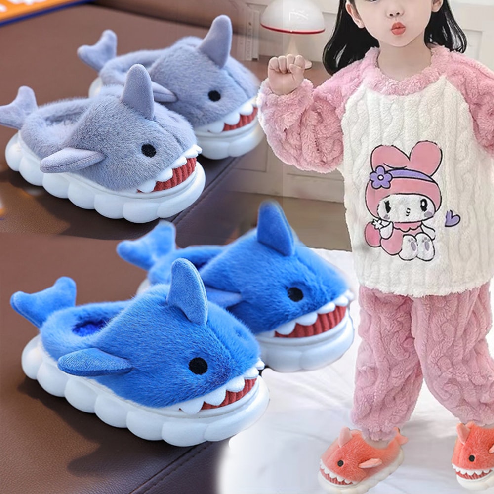 Cute Cartoon Shark Winter Heel Wrap Slippers For Kids Soft Sole Nonslip Plush Warm Childrens Shoes 0